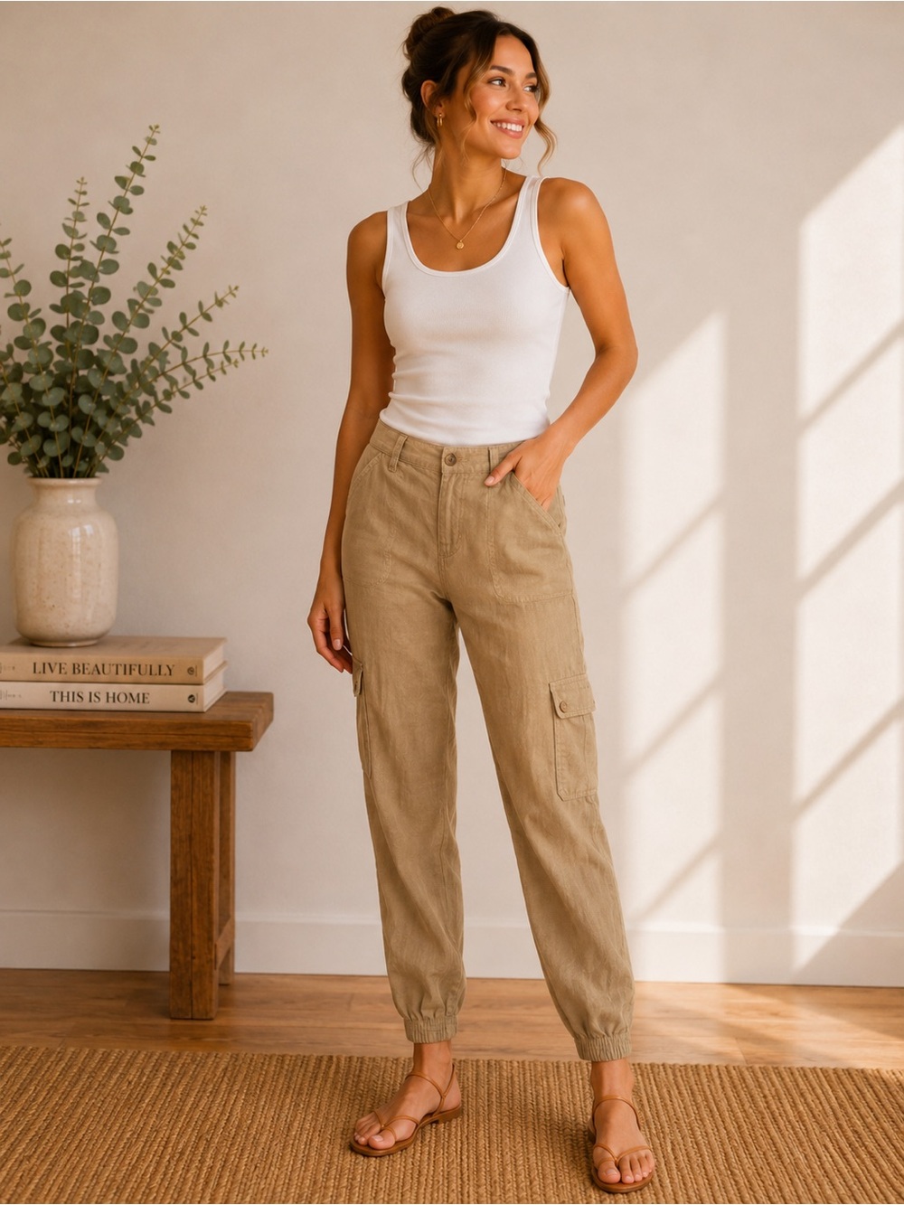 Evereve Linen Blend Cargo Jogger Pants Tan Size 24
